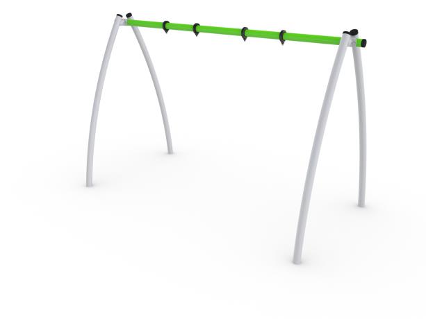 HAGS Omega Swing Frame. A Steel Swing frame with curved grey legs attached to a green cross beam with attachments for swing chains